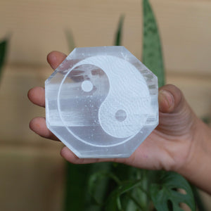 Yin Yang symbol carved Selenite Plate