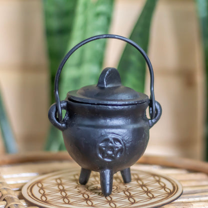 Pentacle Carved Cast Iron small Cauldron