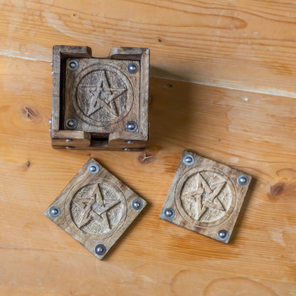 Vintage Pentacle Carved wooden coaster | Set of 6