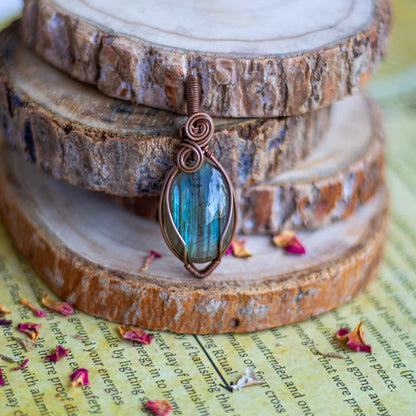 Copper wire wrapped Labradorite Pendant with black cord | Psychic abilities & Intuition
