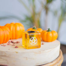 Load image into Gallery viewer, Yellow resin Pentacle print square Candle Holder
