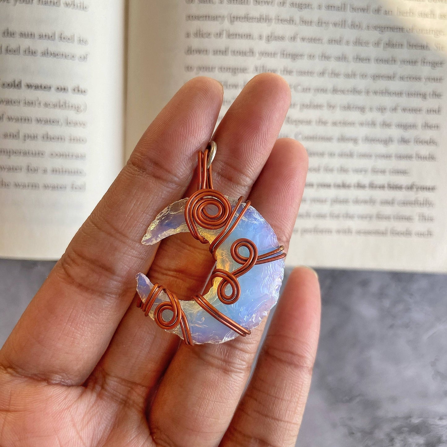 Opalite crescent moon copper wire wrapped pendant