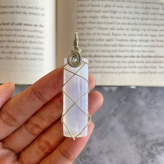 Selenite copper wire wrapped pendant