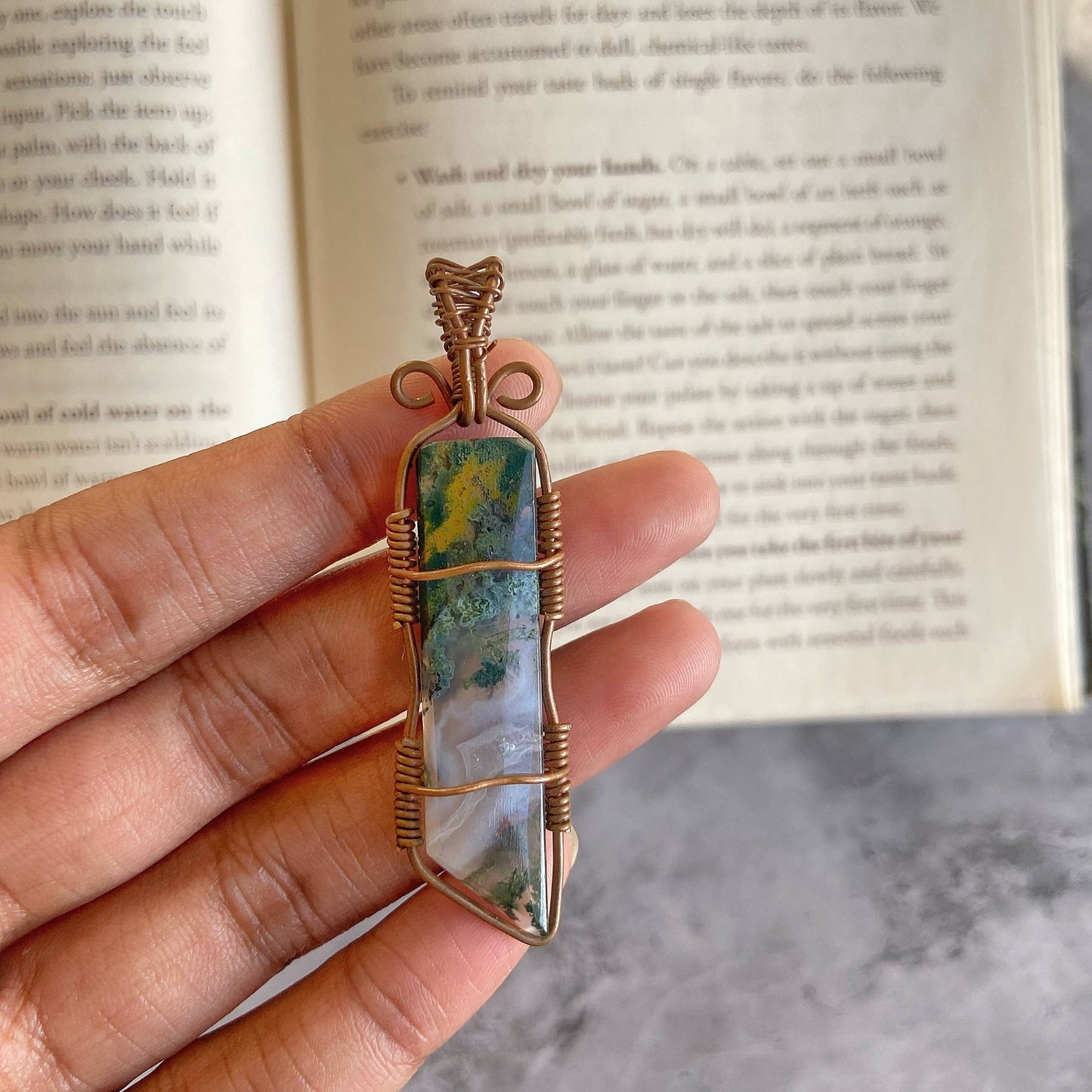 Moss Agate copper wire wrapped pendant
