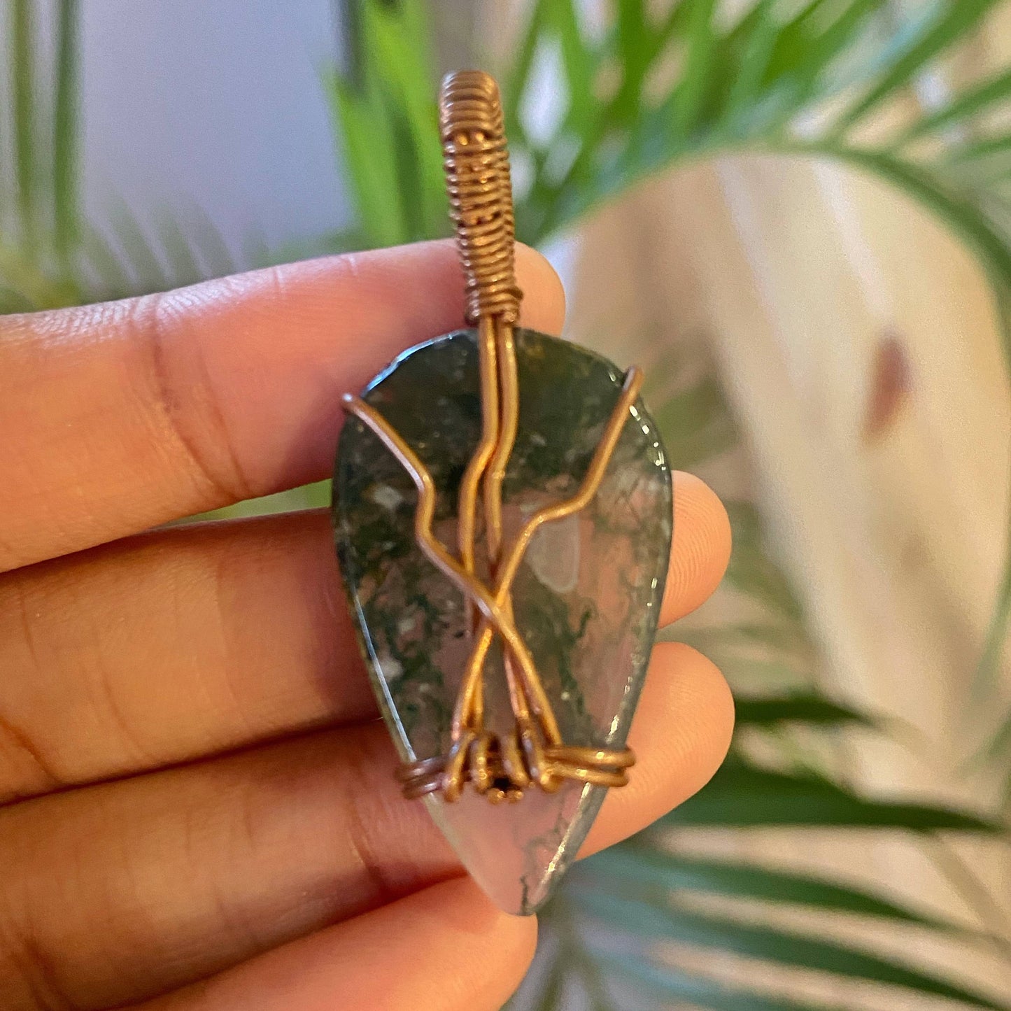 Moss Agate Copper wire wrapped Pendant | Stone of wealth, attracting abundance