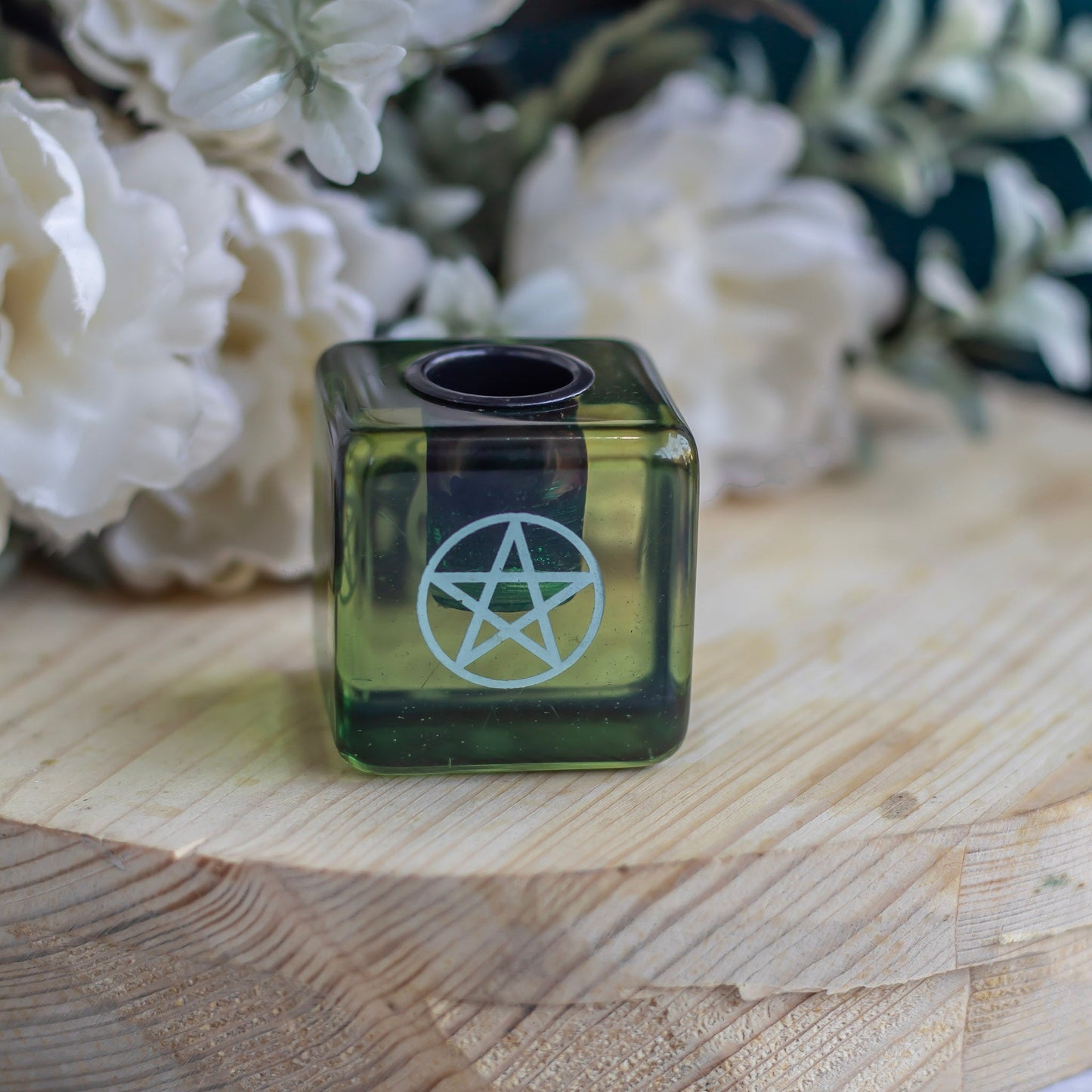 Green resin Pentacle print square Candle Holder