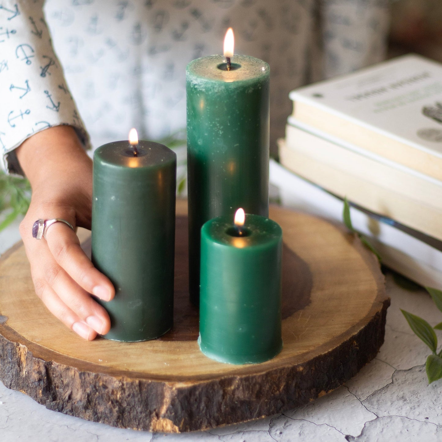 Green Pillar Unscented Candle | Set of 3