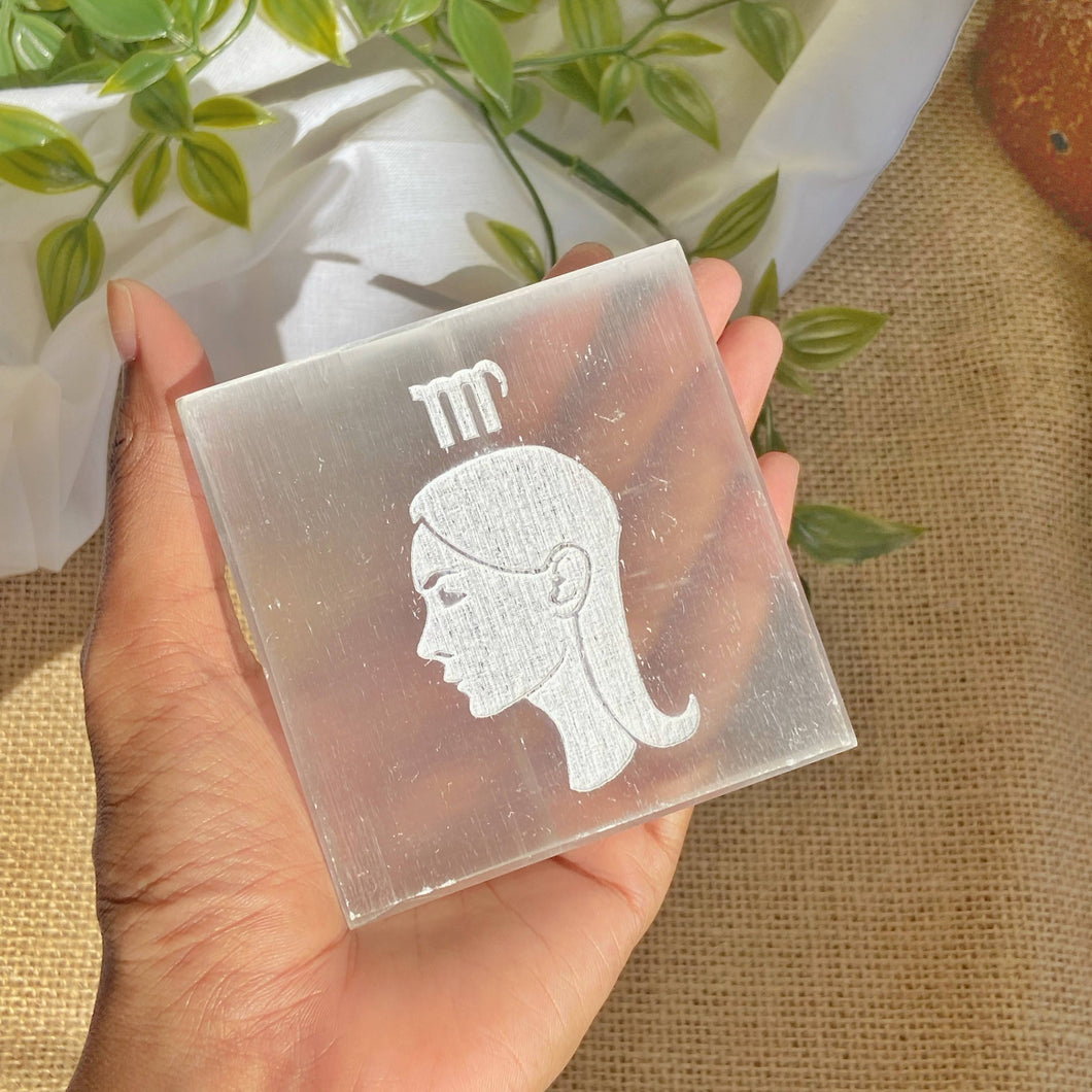 Virgo Zodiac Carved Selenite Plate - 3 Inches