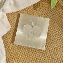 Load image into Gallery viewer, Gemini Zodiac Carved Selenite Plate - 3 Inches
