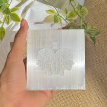 Load image into Gallery viewer, Gemini Zodiac Carved Selenite Plate - 3 Inches
