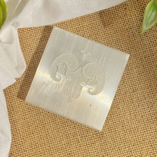 Aries Zodiac Carved Selenite Plate - 3 Inches