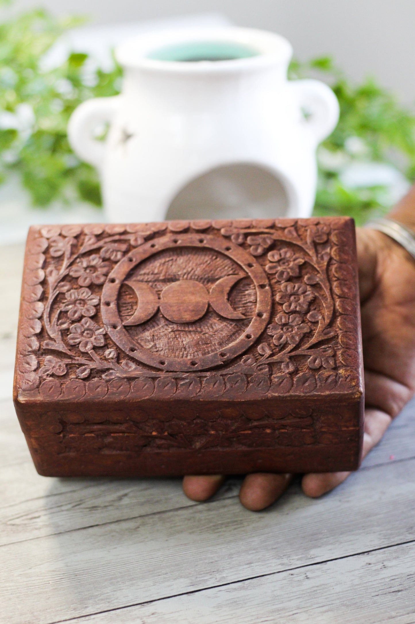 Triple Moon Carved Wooden Box