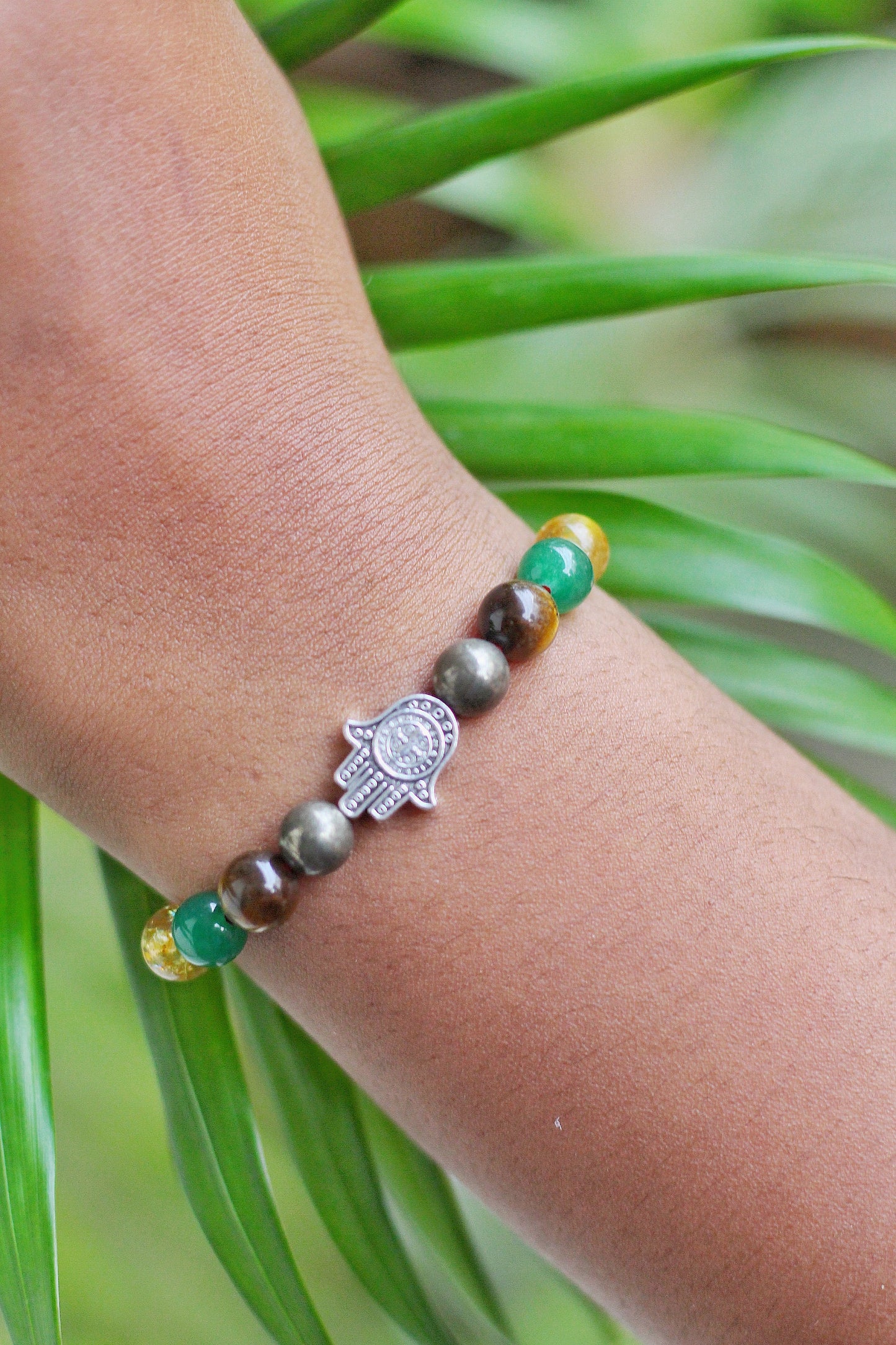 Citrine + Green Aventurine + Tiger Eye + Hematite Rakhi with Hamsa Charm