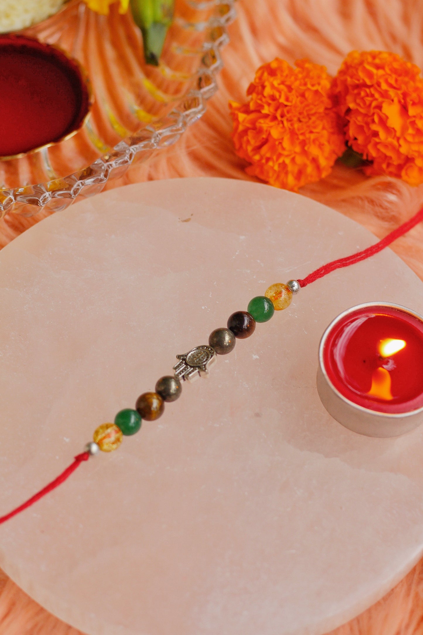 Citrine + Green Aventurine + Tiger Eye + Hematite Rakhi with Hamsa Charm