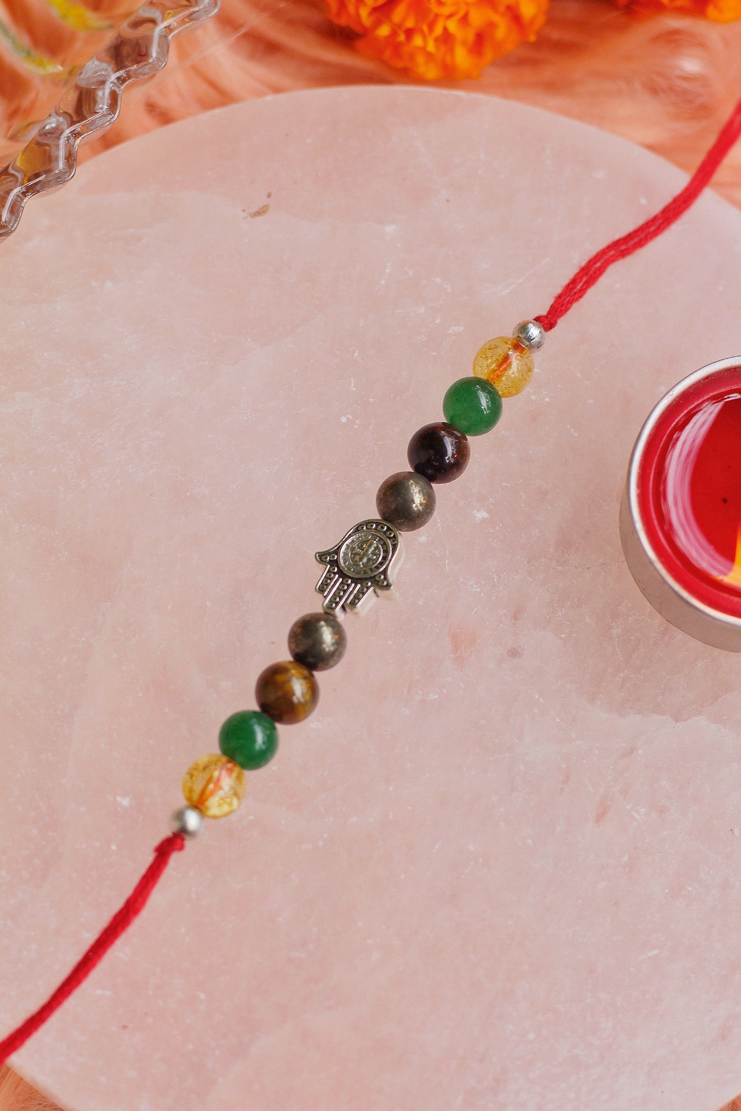 Citrine + Green Aventurine + Tiger Eye + Hematite Rakhi with Hamsa Charm