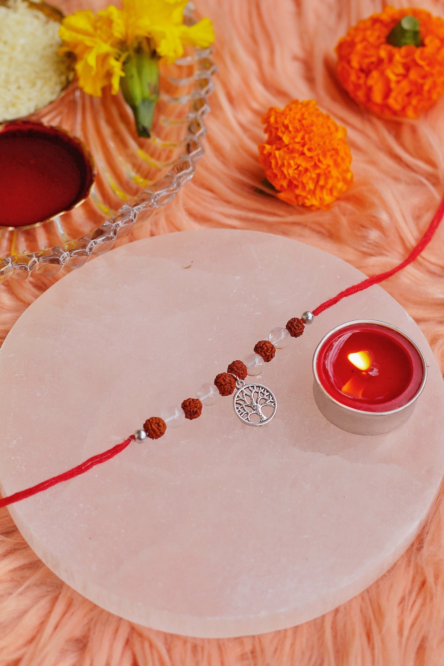 Clear quartz and Rudraksh with Tree of Life Charm Rakhi