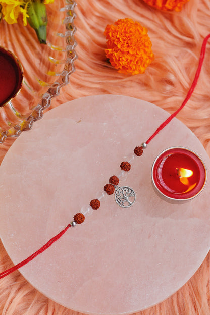 Clear quartz and Rudraksh with Tree of Life Charm Rakhi