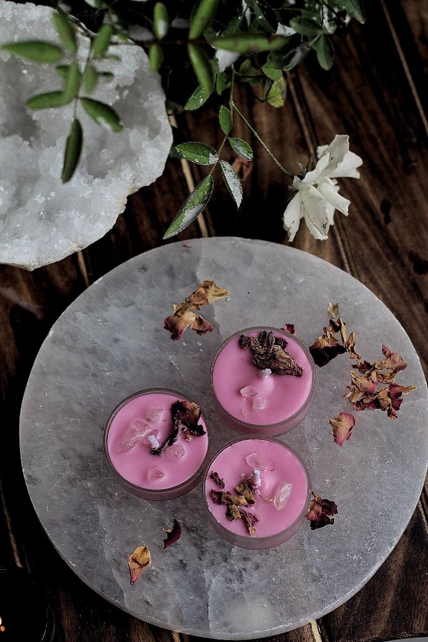 Pink Scented Tea Light Candles - Rose Petals & Rose Quarts