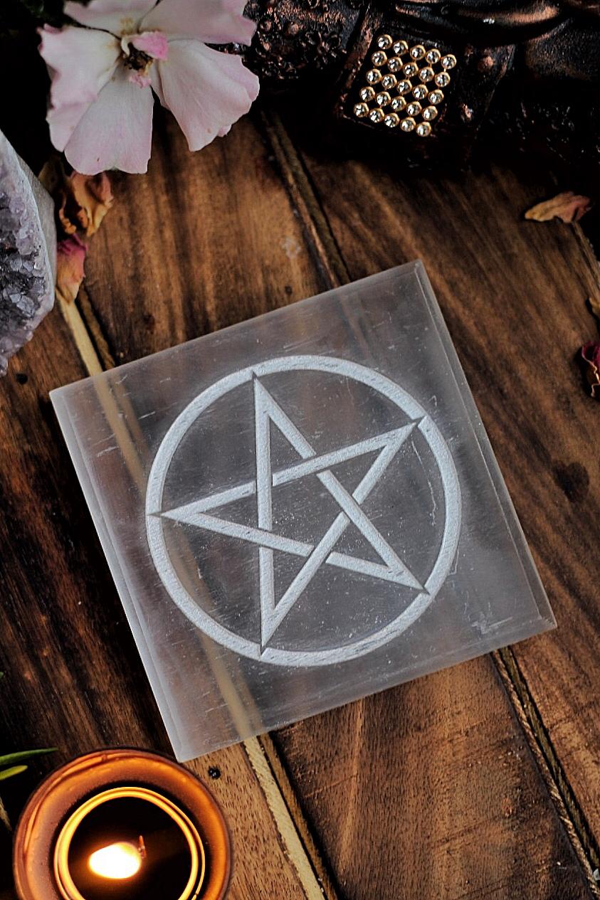 Selenite Plate with Symbol of Pentacle