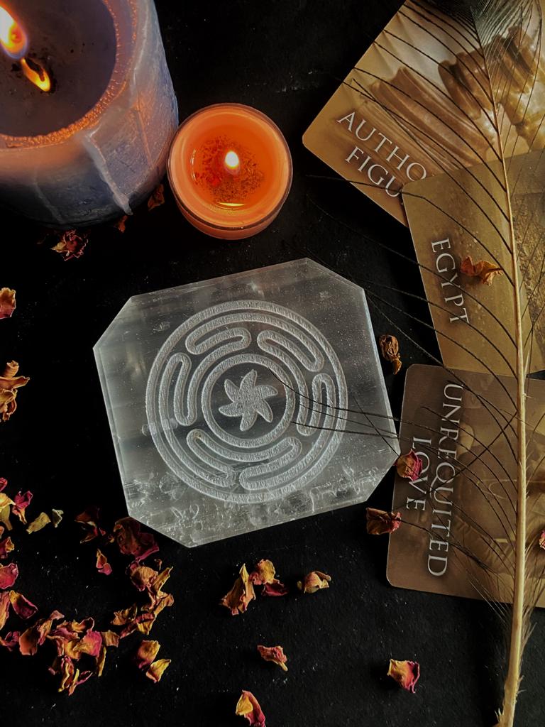Selenite Plate with Symbol of Hecate Circle