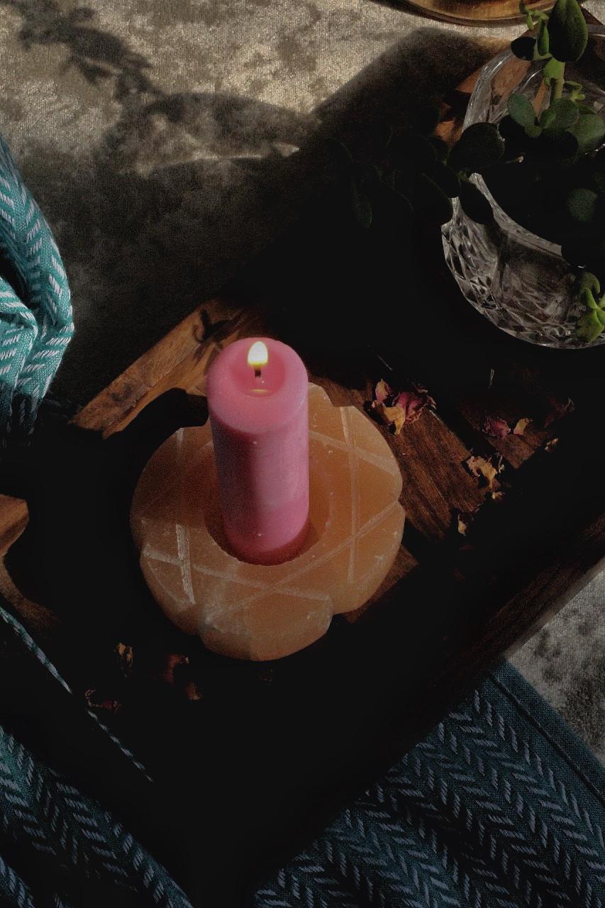 Hexagram of Solomon Symbol Carved Orange Selenite Candle Holder