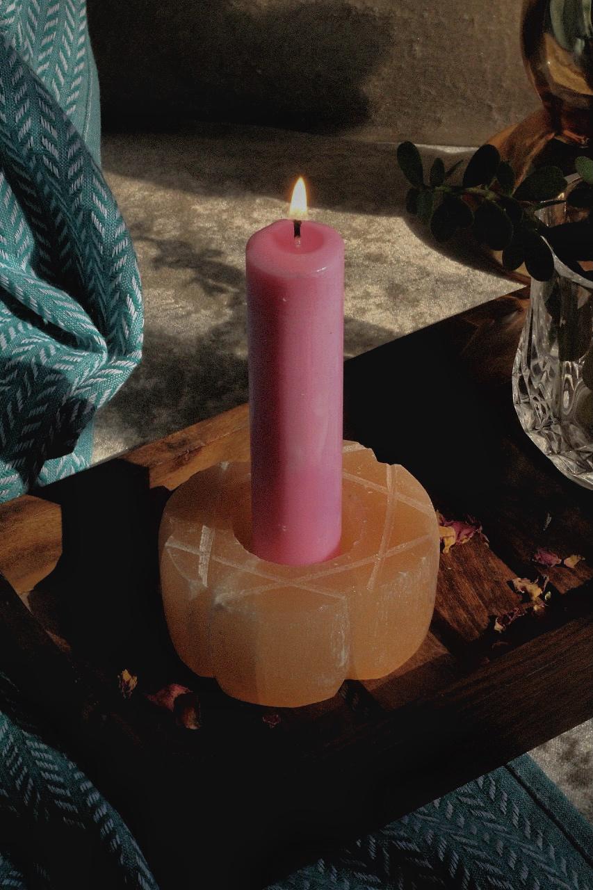 Hexagram of Solomon Symbol Carved Orange Selenite Candle Holder