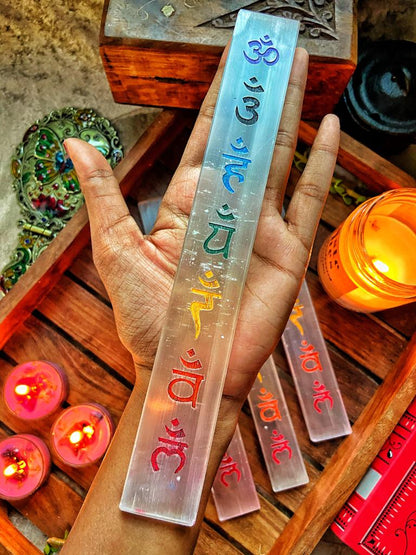 Selenite Wand with Seven Chakra Symbols