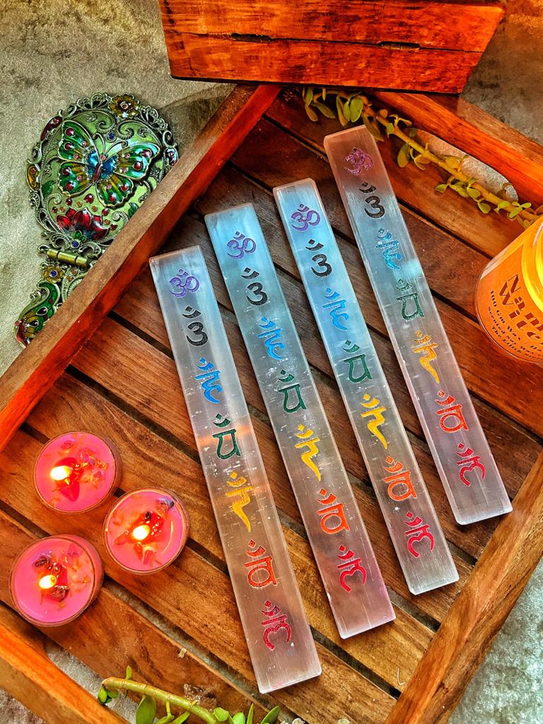 Selenite Wand with Seven Chakra Symbols