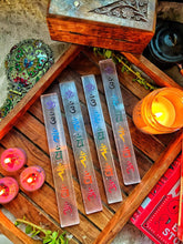 Load image into Gallery viewer, Selenite Wand with Seven Chakra Symbols

