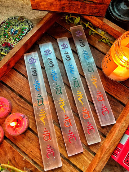 Selenite Wand with Seven Chakra Symbols