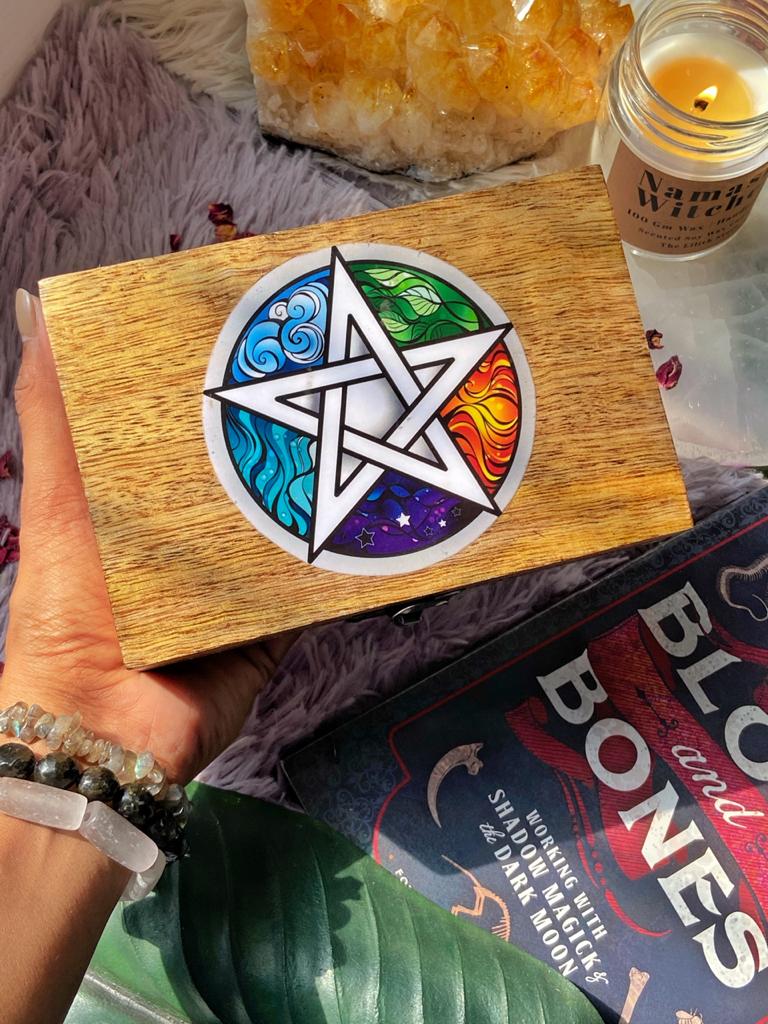 Pentacle empty wooden Box with Elemental details
