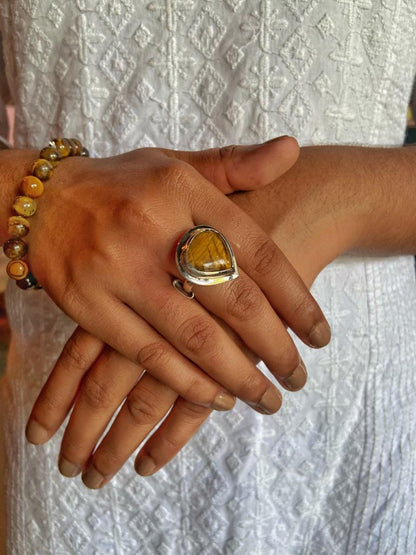 Tear drop Tiger Eye Crystal Silver Ring